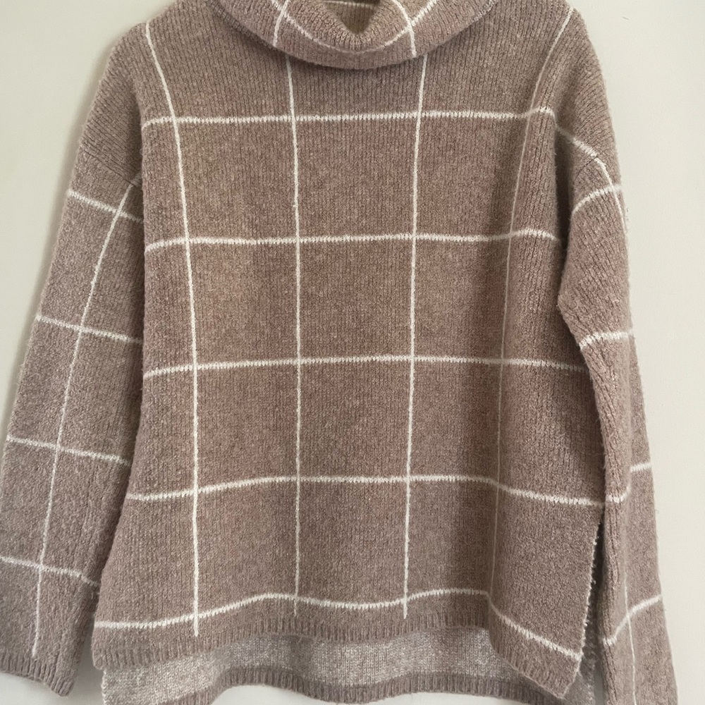 Madewell Brown Cowl Turtleneck Sweater with Windowpane Pattern
